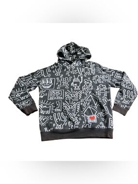 H&M x Keith Haring Hoodie Kids 12/14 All Over Print Black White Pop Art Graffiti